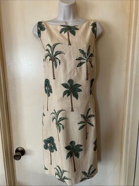 Muse Palm Tree Sleeveless Shift Dress - Butter Yellow & Green size 14
